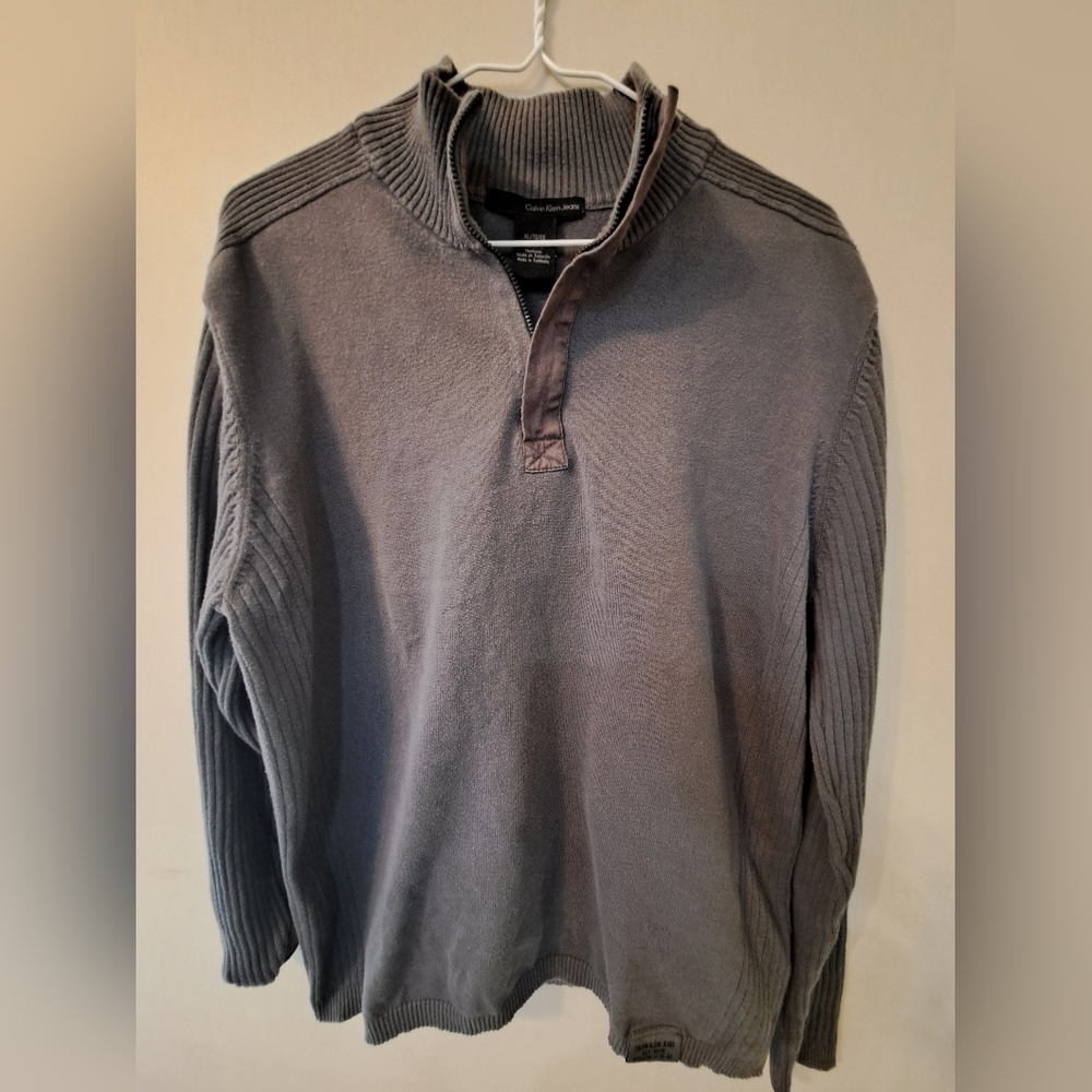 Calvin Klein Sweater Mens Size XL Gray 1/4 Zip Long Ribbed Sleeve Mock Neck